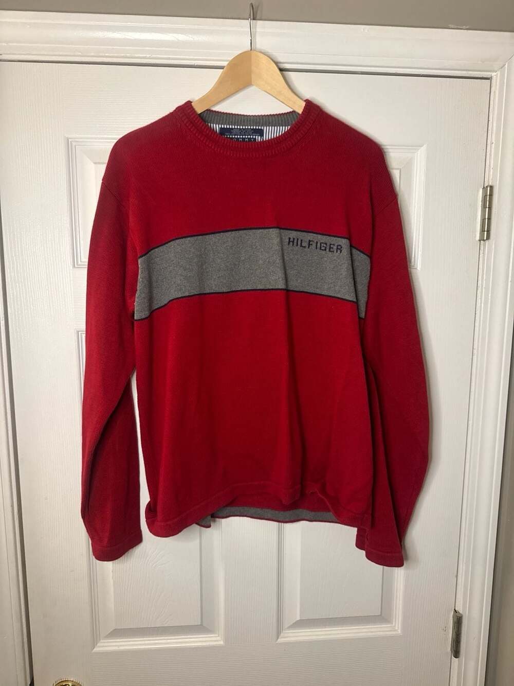 Vintage 90s Tommy Hilfiger Men's Red and Gray Striped Cotton Knit Sweater